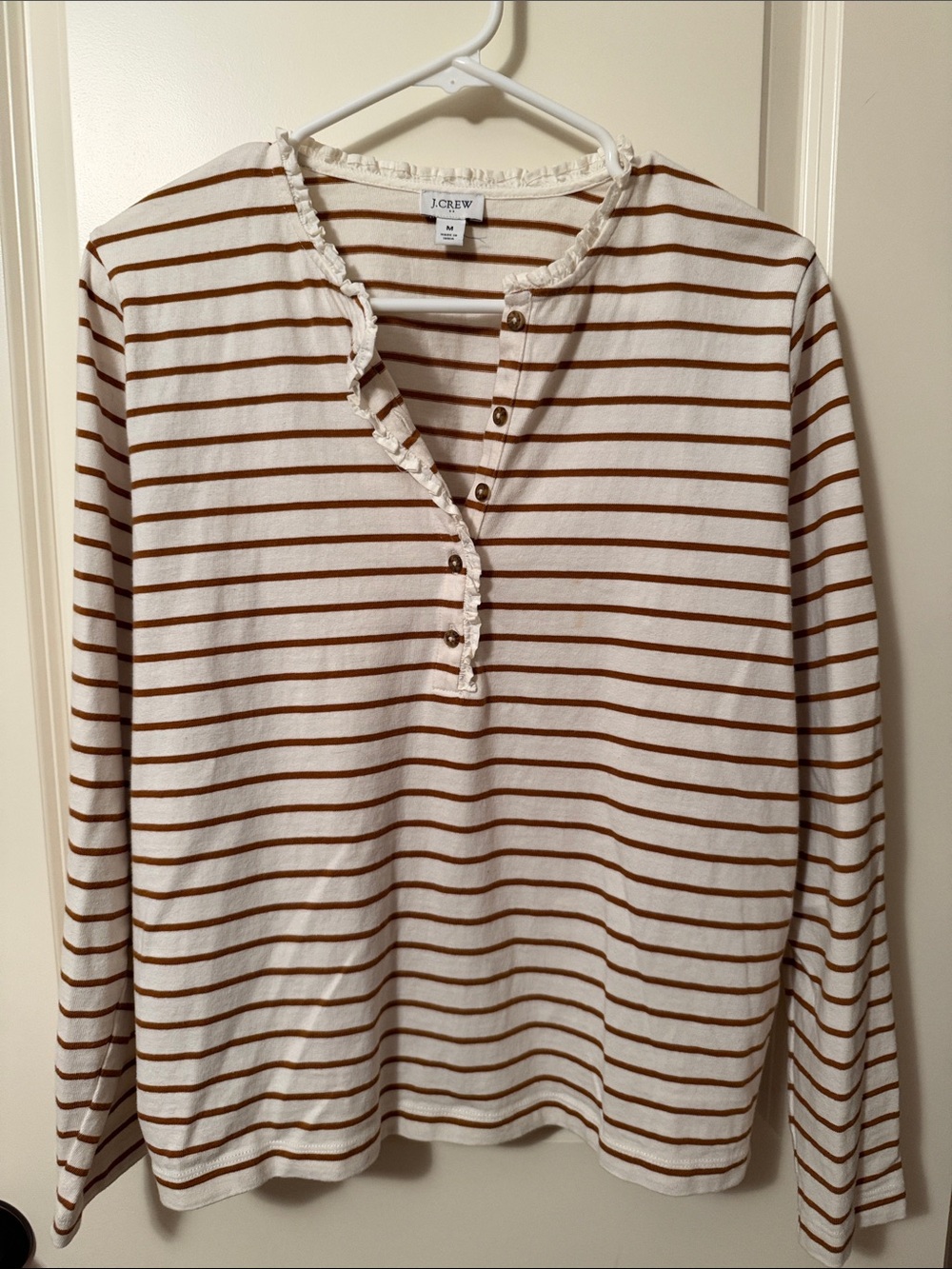 J. Crew Cream and Brown Striped Ruffle Henley Long Sleeve